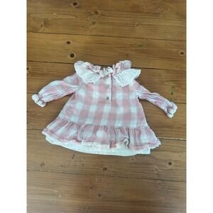Shabby Chic Baby Girl Pink Plaid Eyelet Lace Ruffle Tunic Top 3-6M